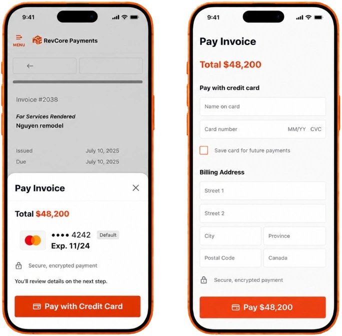 A homeowner paying an invoice by credit card on their phone
