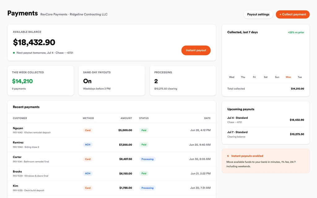 RevCore payments dashboard with available balance, recent payments, and upcoming payouts