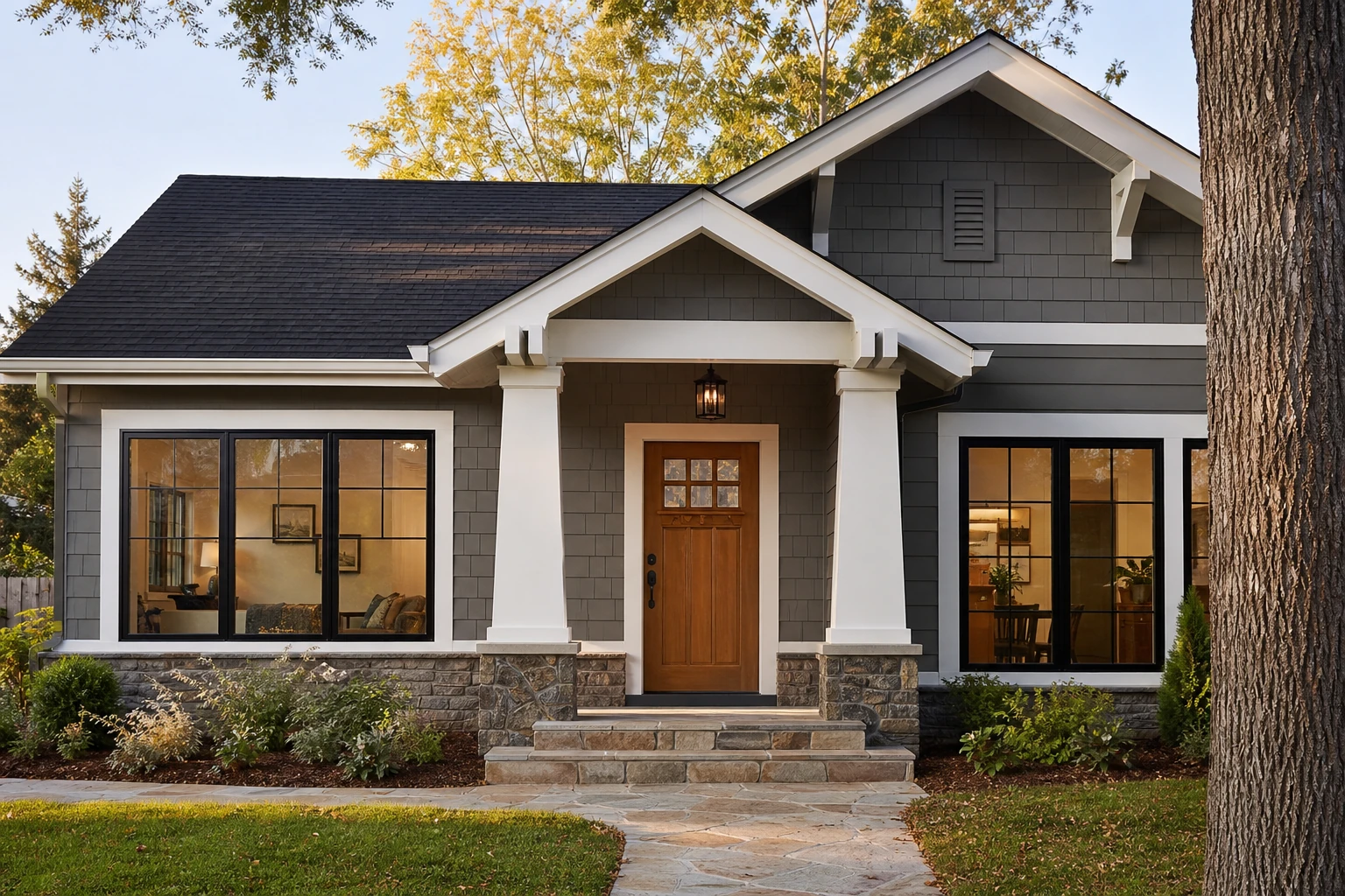 Newly installed black-framed windows and a craftsman front door on a renovated home